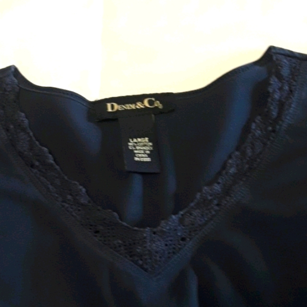 Denim  & Co Sz L Navy Long Sleeve Lace Trim Shirt - Picture 4 of 7